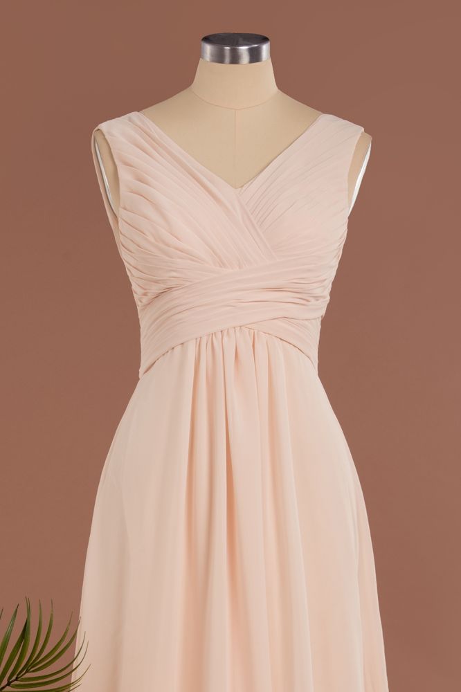 Elegante V-Ausschnitt Rüschen Schlichte Abendkleider | A-Linie Ärmellose Chiffon Abendkleider