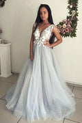 Abito da Sera Elegante Senza Maniche con Scollo a V, Applicazioni di Pizzo, Tulle per Ballo PG813