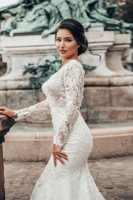 Elegant Weiß Blumen Spitze Meerjungfrau Frühlings Brautkleid Langarm V-Ausschnitt Schlanke Brautkleider