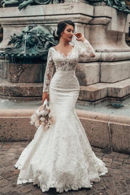 Elegant Weiß Blumen Spitze Meerjungfrau Frühlings Brautkleid Langarm V-Ausschnitt Schlanke Brautkleider