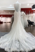 Elegant Weiß Lange Meerjungfrau Tüll Spitze Offener Rücken Brautkleider