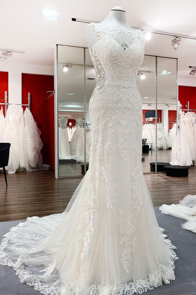 Elegant Weiß Lange Meerjungfrau Tüll Spitze Offener Rücken Brautkleider