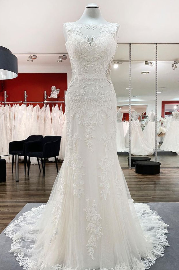 Elegant Weiß Lange Meerjungfrau Tüll Spitze Offener Rücken Brautkleider