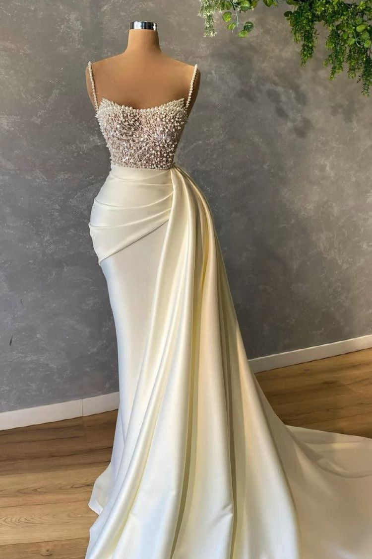 Elegant Weiß Pailletten Ärmellos Meerjungfrau Brautkleider Mit Perle