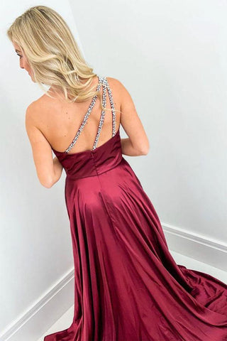 Elegant One Shoulder Wine Long Prom Dress with Split PSK037