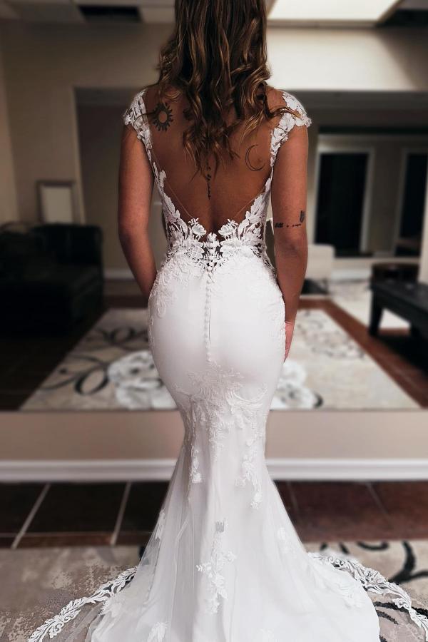 Elegant Lange Meerjungfrau Herz-Ausschnitt Ärmellos Kapelle Schleppe Rückenfreies Brautkleid