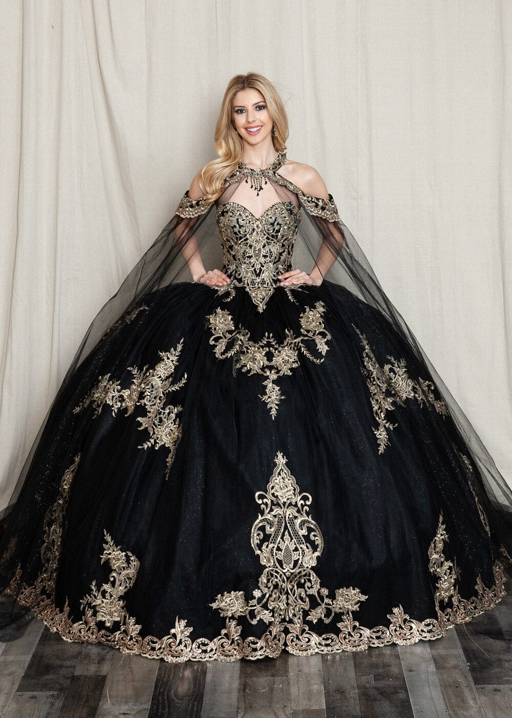 Embroidered Applique Cape Ball Gown by Petite Adele PQ1016