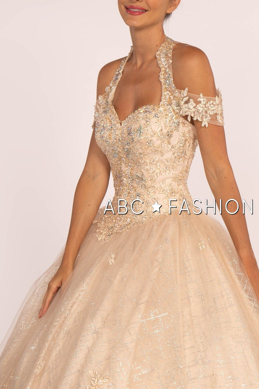 Embroidered Halter Ball Gown with Glitter Skirt by Elizabeth K GL2602