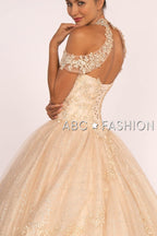 Embroidered Halter Ball Gown with Glitter Skirt by Elizabeth K GL2602