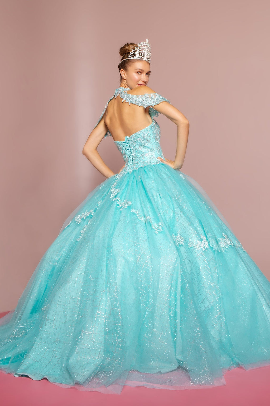 Embroidered Halter Ball Gown with Glitter Skirt by Elizabeth K GL2602