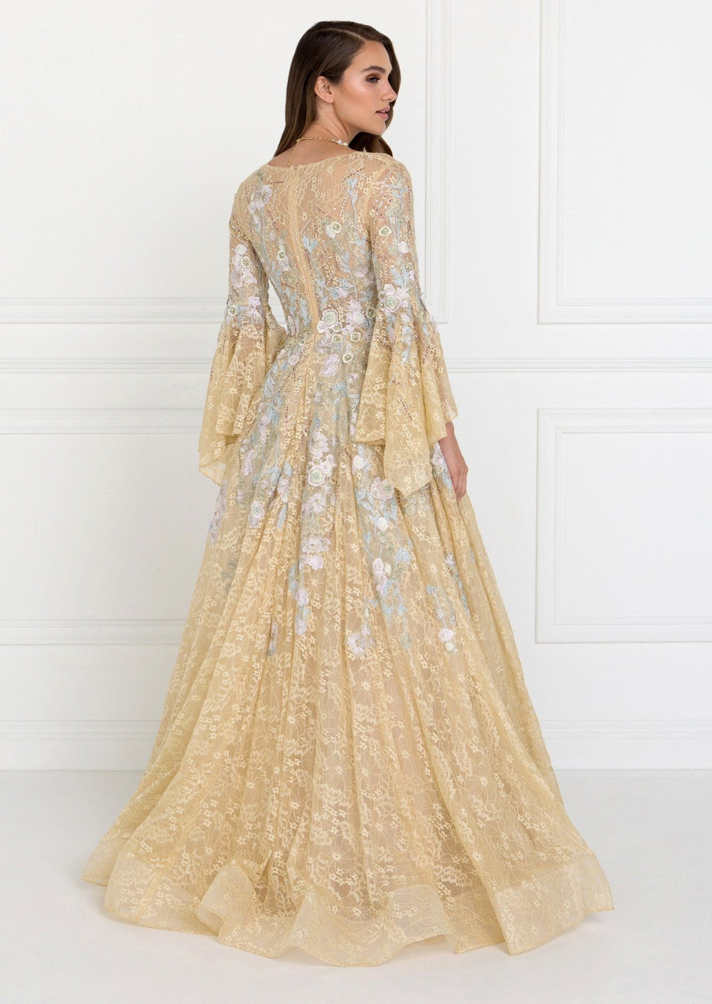 Embroidered Lace Ballgown with Bell Sleeves by Elizabeth K GL1592