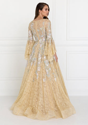 Ballkleid aus bestickter Spitze mit Glockenärmeln von Elizabeth K GL1592