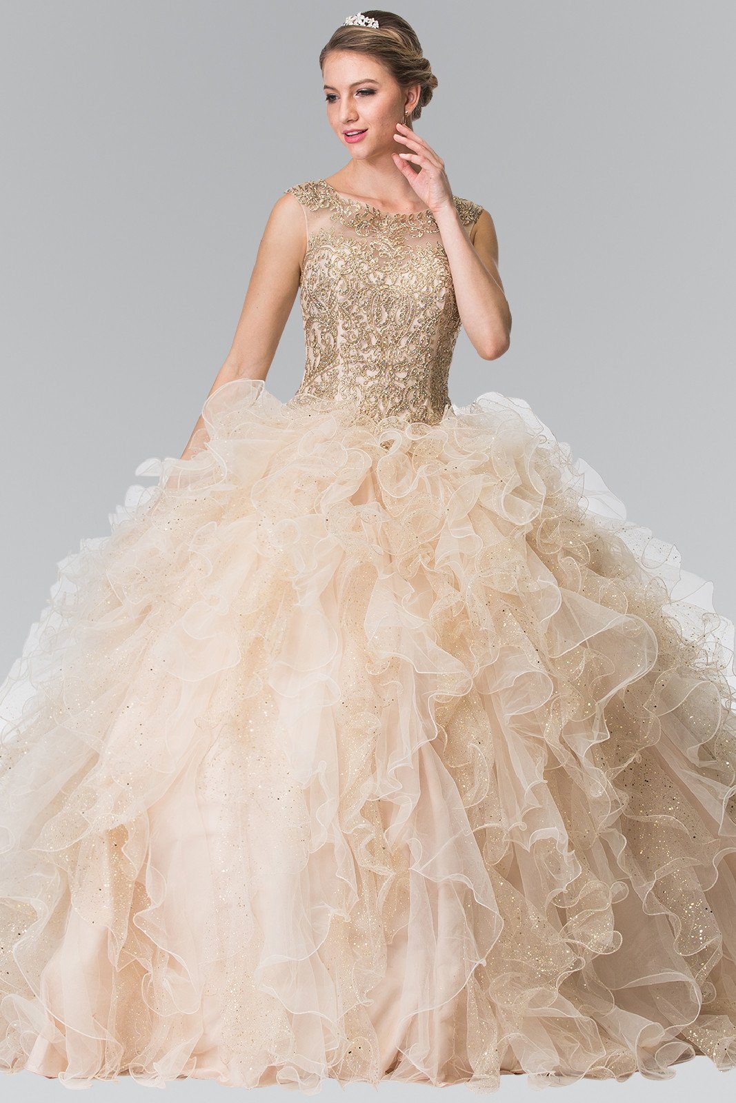 Embroidered Sleeveless Ruffled Ballgown by Elizabeth K GL2208