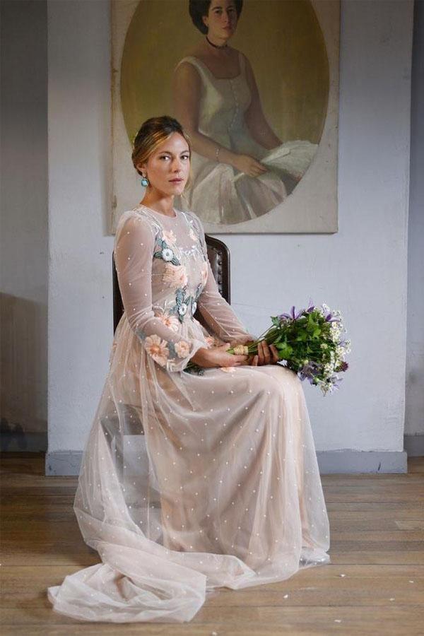 Embroidery A-line Chic Open Back Long Sleeve Sparkly Prom Dress  PSK001