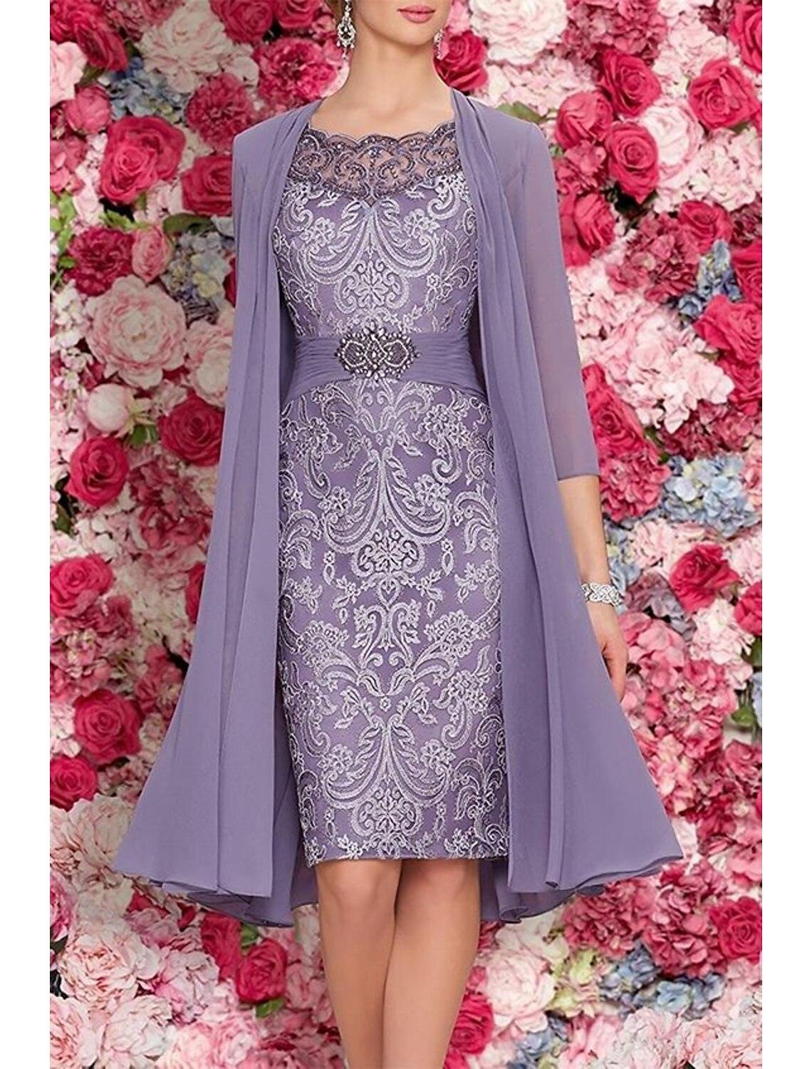 Vestido de mãe da noiva de duas peças, bainha/coluna, formal, para convidada de casamento, elegante, decote redondo, comprimento até ao joelho, chiffon, renda, sem mangas, com aplicações de missangas