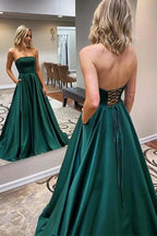 Vestido de baile comprido verde esmeralda, corte A, vestido de noite simples em cetim PSK215
