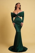 Vestido de Noche Largo de Sirena de Terciopelo Verde Oscuro con Hombros Descubiertos