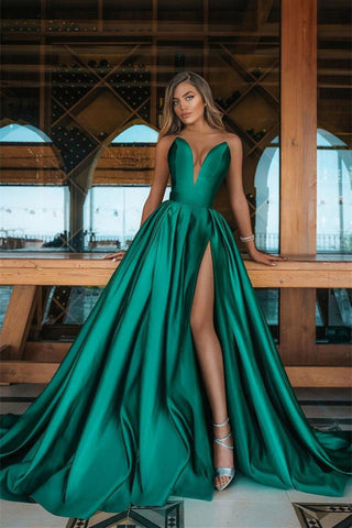 Emerald Green A-line Satin V-Neck Prom Dress Long with Split