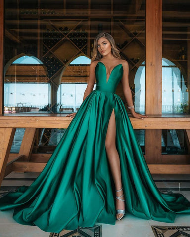 Emerald Green A-line Satin V-Neck Prom Dress Long with Split