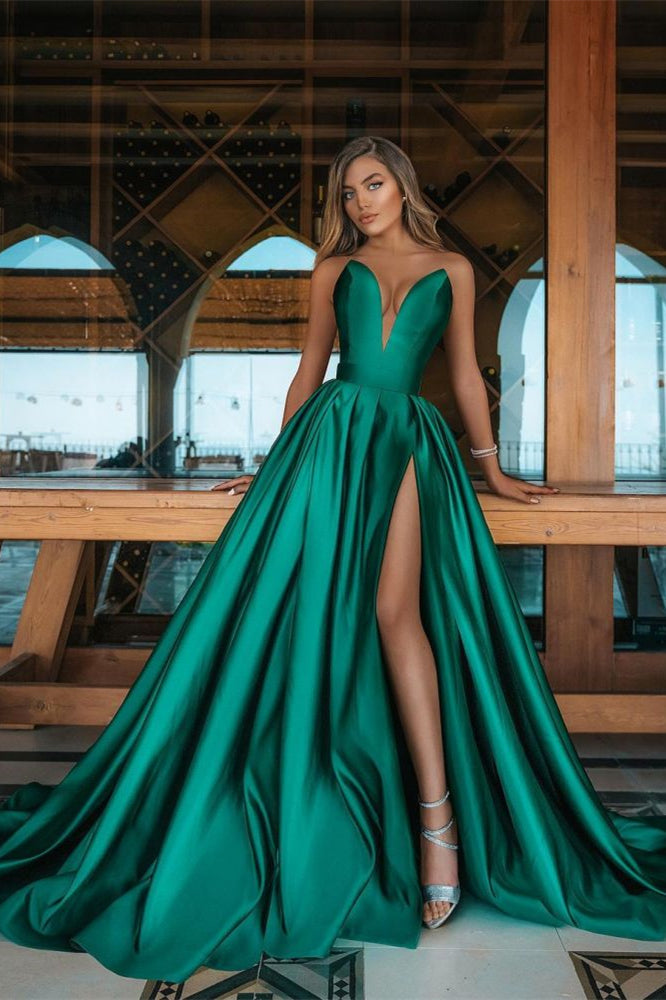 Emerald Green A-line Satin V-Neck Prom Dress Long with Split