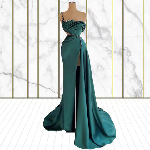 Emerald Long Satin One Shoulder Mermaid Prom Dress with Split
