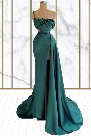 Emerald Long Satin One Shoulder Mermaid Prom Dress with Split
