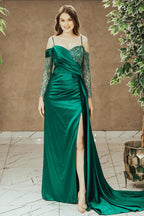 Emerald Spaghetti Straps Sequins Prom Dress With Slit and Pleated