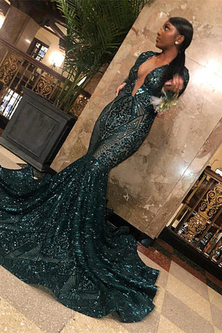 V-Neck Long Sleeves Sequins Lace Mermaid Formal Prom Dress