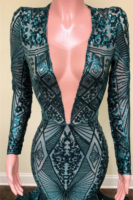 Vestido de baile formal estilo sereia, com decote em V, mangas compridas, lantejoulas e renda