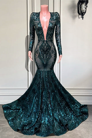 V-Neck Long Sleeves Sequins Lace Mermaid Formal Prom Dress