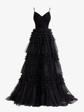 Emerson | Schwarzes A-Linien-Ballkleid aus glitzerndem Tüll mit tiefem V-Ausschnitt und Stufen