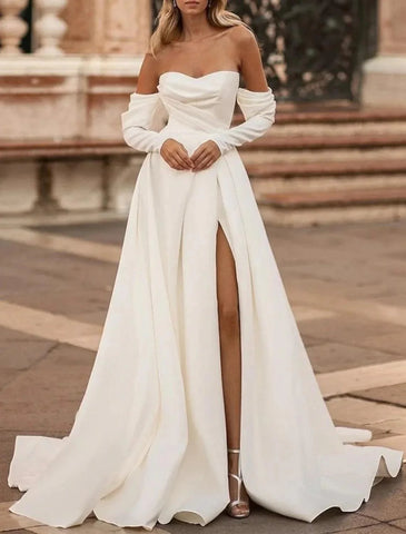 Hall Casual Brautkleider A-Linie Schulterfrei Langarm Hofschleppe Satin Brautkleider Mit Geschlitzter Vorderseite Einfarbig