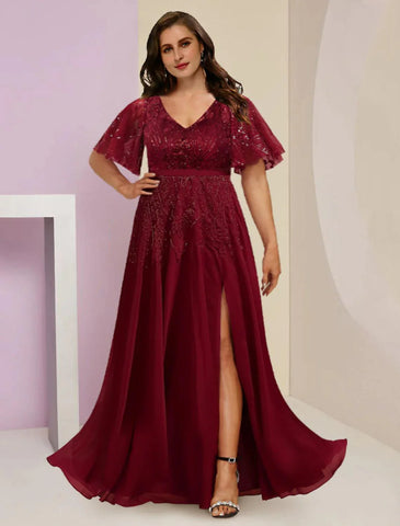 Kleider für die Brautmutter, Übergröße, geschwungen, Bauch verbergen, Hochzeitsgast, elegant, funkelnd und glänzend, V-Ausschnitt, bodenlang, Chiffon, Spitze, Pailletten, kurze Ärmel mit Falten, geteilte Vorderseite