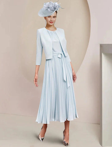 Zweiteiliges A-Linien-Kleid für die Mutter der Braut, Hochzeitsgast, Party, Vintage, elegant, U-Ausschnitt, knielang, Chiffon, ärmellos, Wickelkleid inklusive Schleife(n), Falten