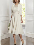 Zweiteiliges A-Linien-Kleid für die Mutter der Braut, Party, elegant, U-Ausschnitt, knielang, Spitze, Stretch-Chiffon, 3/4-Ärmel mit Falten und Kristallen