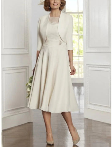 Zweiteiliges A-Linien-Kleid für die Mutter der Braut, Party, elegant, U-Ausschnitt, knielang, Spitze, Stretch-Chiffon, 3/4-Ärmel mit Falten und Kristallen