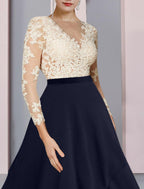 Vestido de festa para mãe da noiva, bainha/coluna, elegante, decote em V, assimétrico, chiffon, renda, manga comprida com pregas, bloco de cores