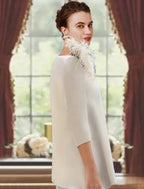 Vestido de mãe da noiva com bainha/coluna, para convidada de casamento formal, elegante, decote redondo, cauda longa/escova, tecido elástico, manga 3/4 com penas