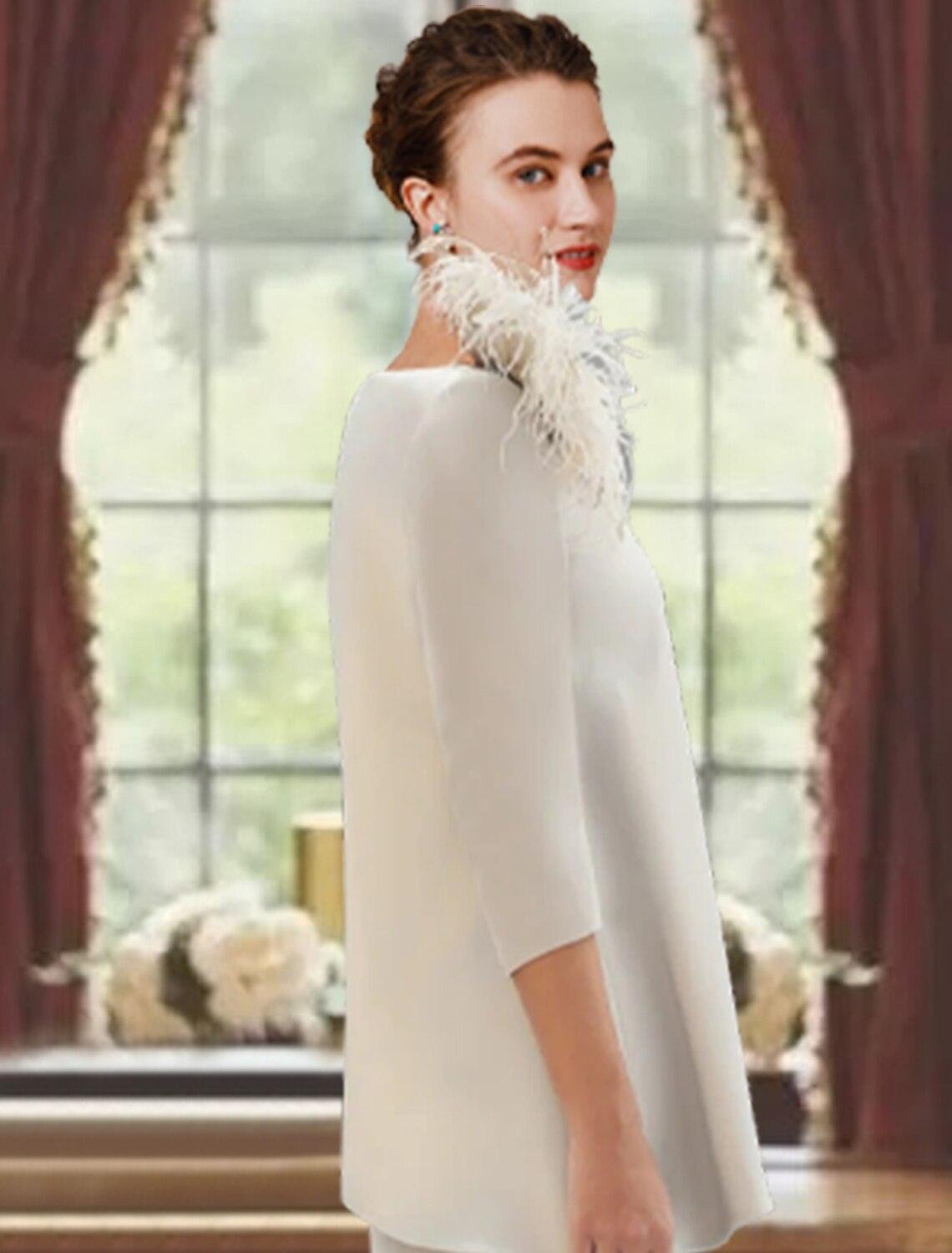 Vestido de mãe da noiva com bainha/coluna, para convidada de casamento formal, elegante, decote redondo, cauda longa/escova, tecido elástico, manga 3/4 com penas