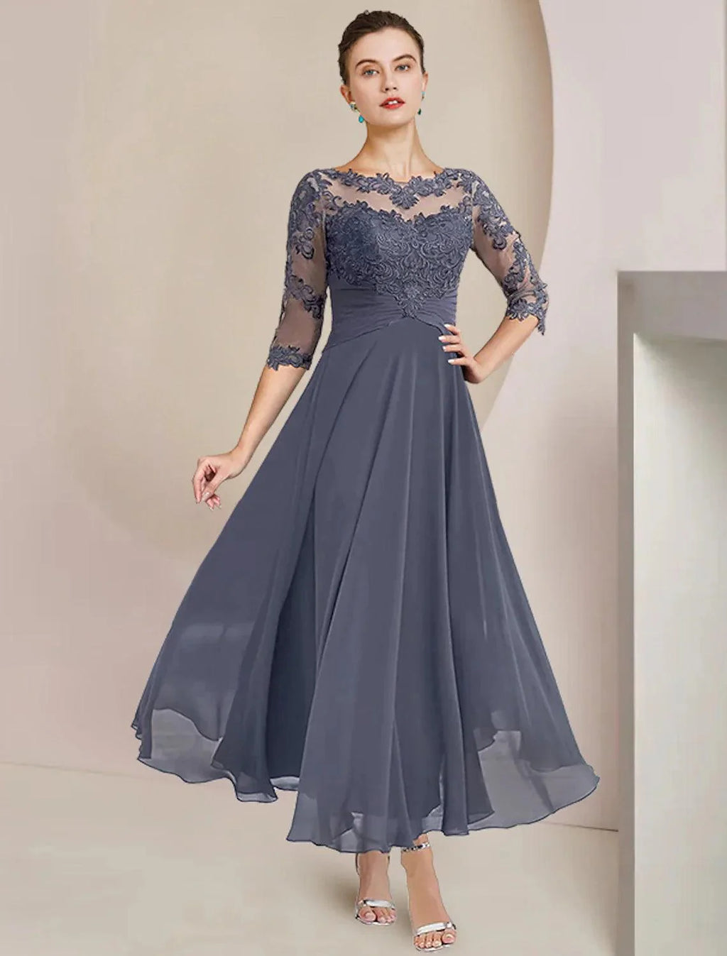 Vestido de mãe da noiva em duas peças, corte A, formal, para convidada de casamento, elegante, decote redondo, comprimento chá, chiffon, renda, manga 3/4, envoltório, incluído com aplicações e franzidos