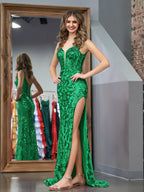 Erryn | Green Sheath Sequins Long Prom Dress with Slit