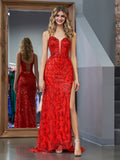 Erryn | Abito lungo da ballo rosso con fodera e paillettes, spacco laterale