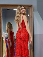 Erryn | Vestido de festa comprido vermelho com racha e lantejoulas