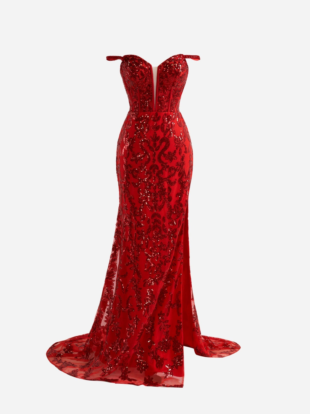 Erryn | Vestido de festa comprido vermelho com racha e lantejoulas