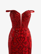 Erryn | Vestido de festa comprido vermelho com racha e lantejoulas