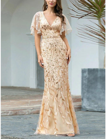 Meerjungfrau/Trompete Kleid für die Mutter der Braut, Hochzeitsgast, funkelnd und glänzend, elegant, V-Ausschnitt, bodenlang, mit Pailletten, kurze Ärmel mit Falten, Pailletten