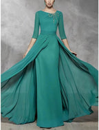 Abito da Madrina della Sposa in Chiffon con Scollo a Barchetta, Manica Mezza, Lunghezza Pavimento, Stile Vintage, con Perline e Arricciature per Cerimonie e Feste Formali