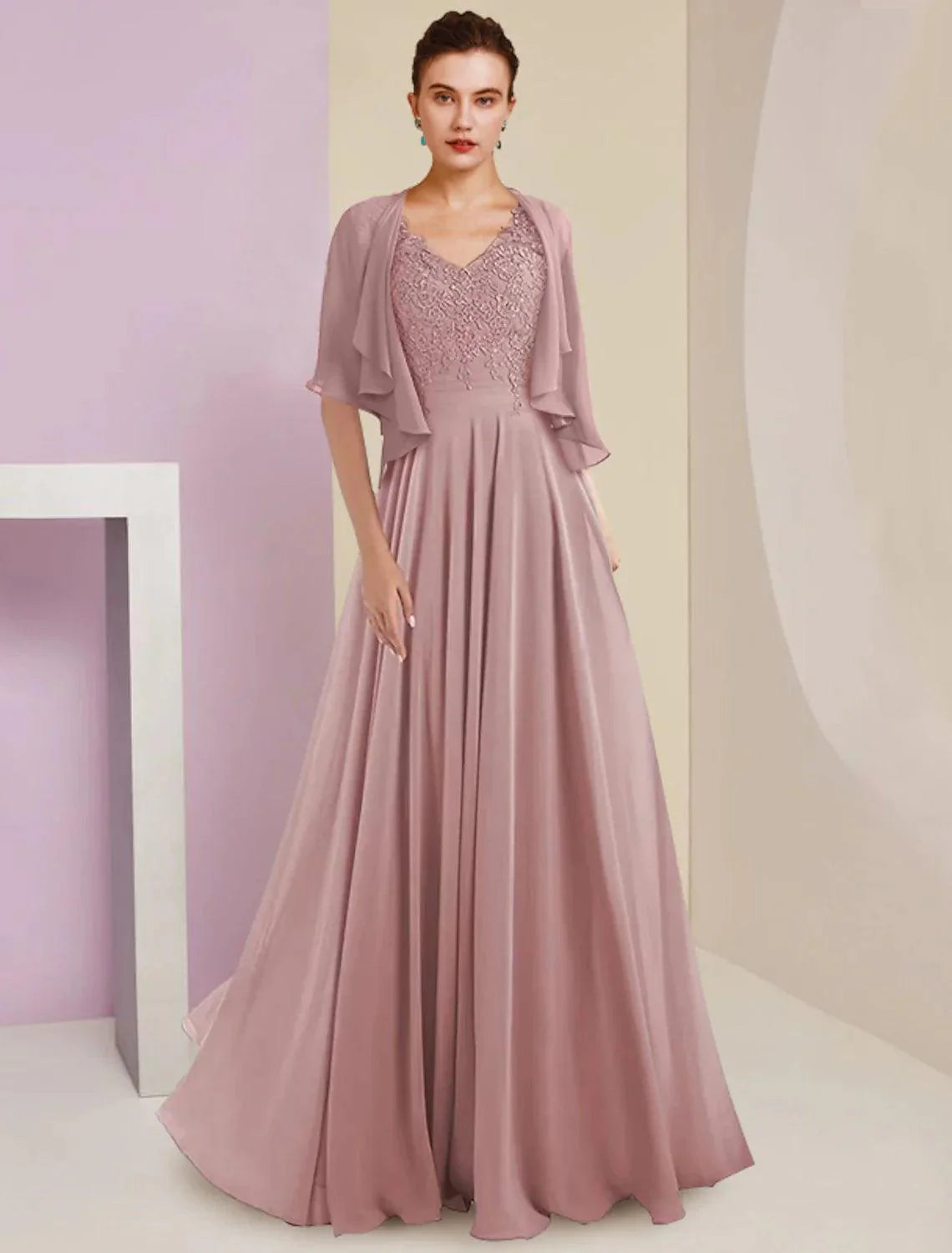 Vestido de mãe da noiva em duas peças, corte A, formal, para convidada de casamento, elegante, decote em V, cauda longa/escova, chiffon, renda, manga 3/4, envoltório incluído com pregas e aplicações