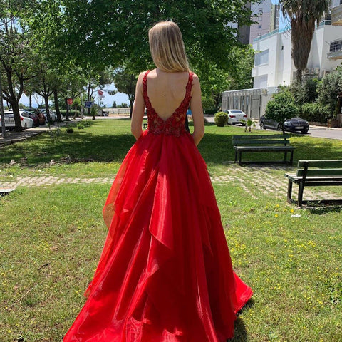 Excellent Long A-line V-neck Organza Backless Red Prom Dress