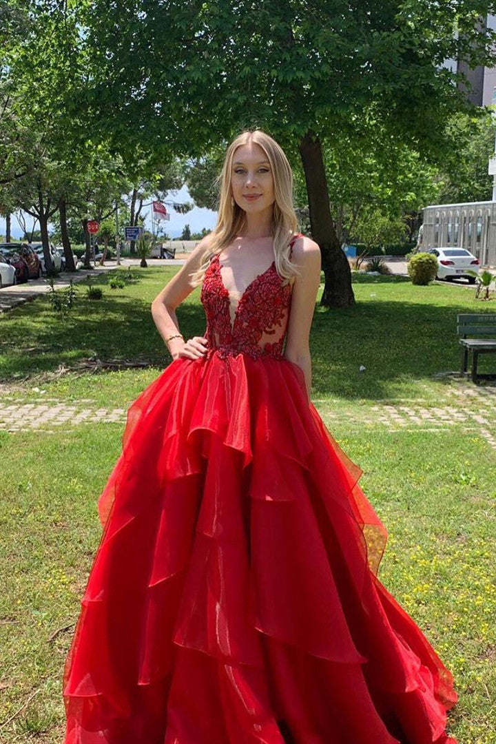 Ausgezeichnetes langes, rückenfreies rotes Ballkleid aus Organza in A-Linie mit V-Ausschnitt